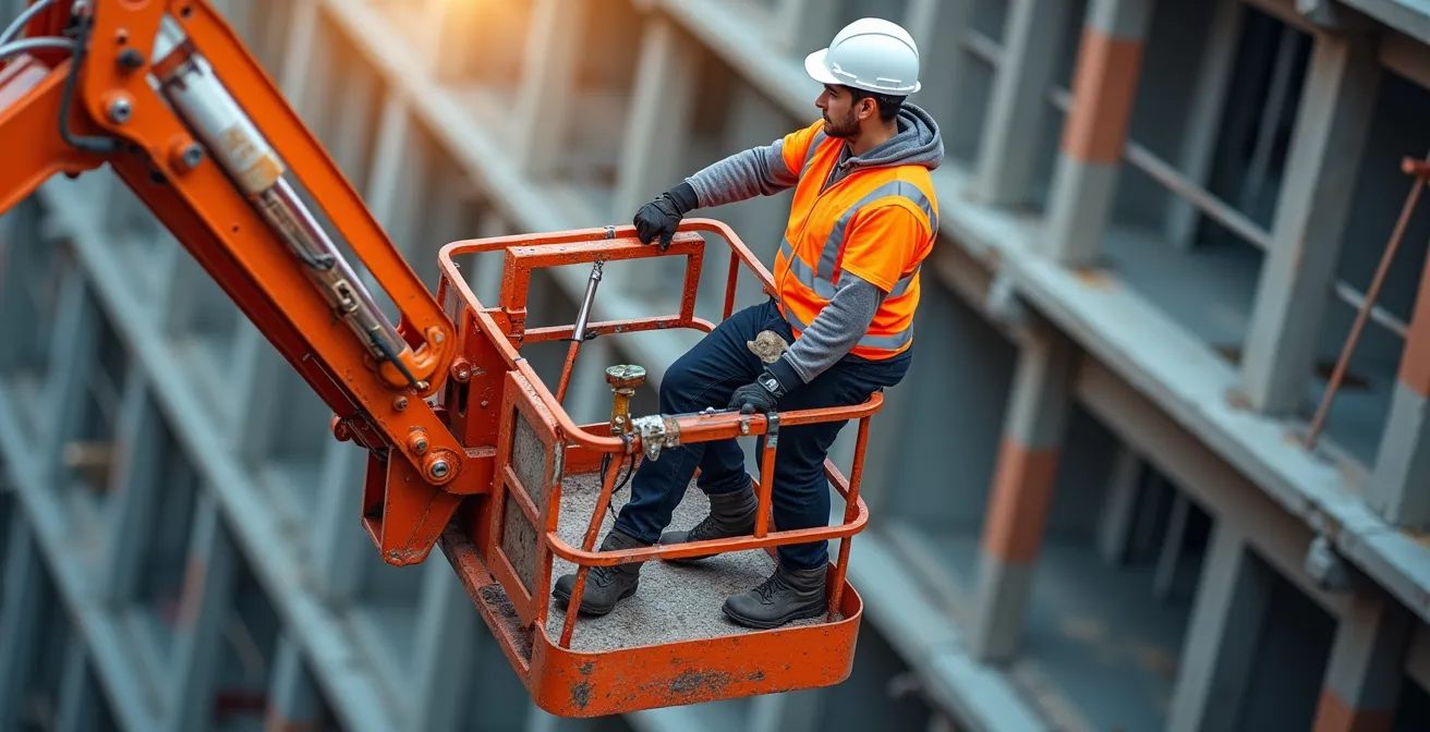 Opérateur utilisant une nacelle élévatrice avec accessoires spécialisés sur un chantier complexe