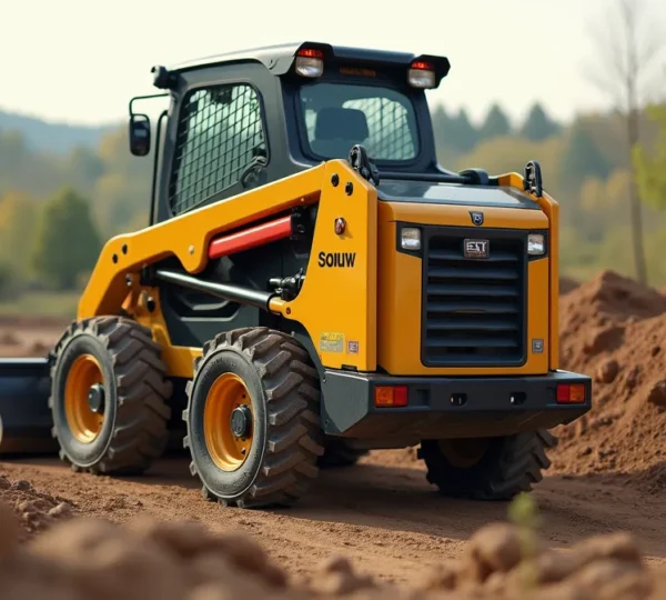 Machine de manutention tout-terrain opérant sur un chantier difficile d'accès avec terrain accidenté et végétation, éclairage naturel cinématographique, prise de vue en extérieur