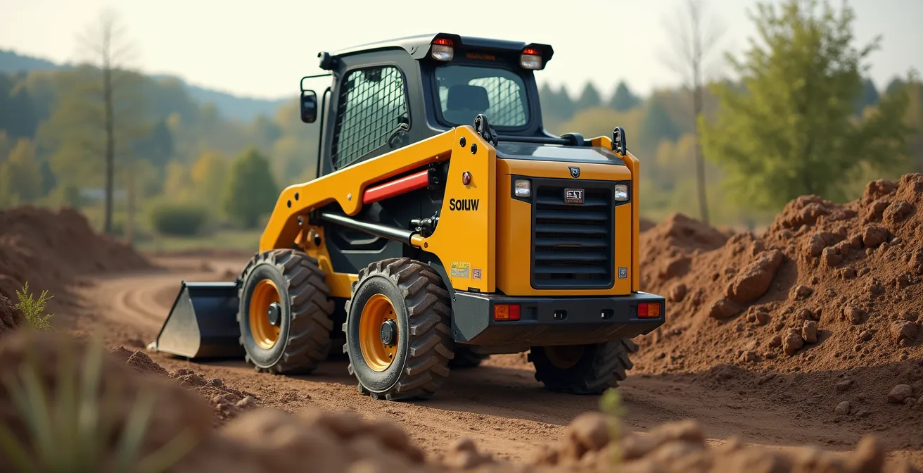 Machine de manutention tout-terrain opérant sur un chantier difficile d'accès avec terrain accidenté et végétation, éclairage naturel cinématographique, prise de vue en extérieur