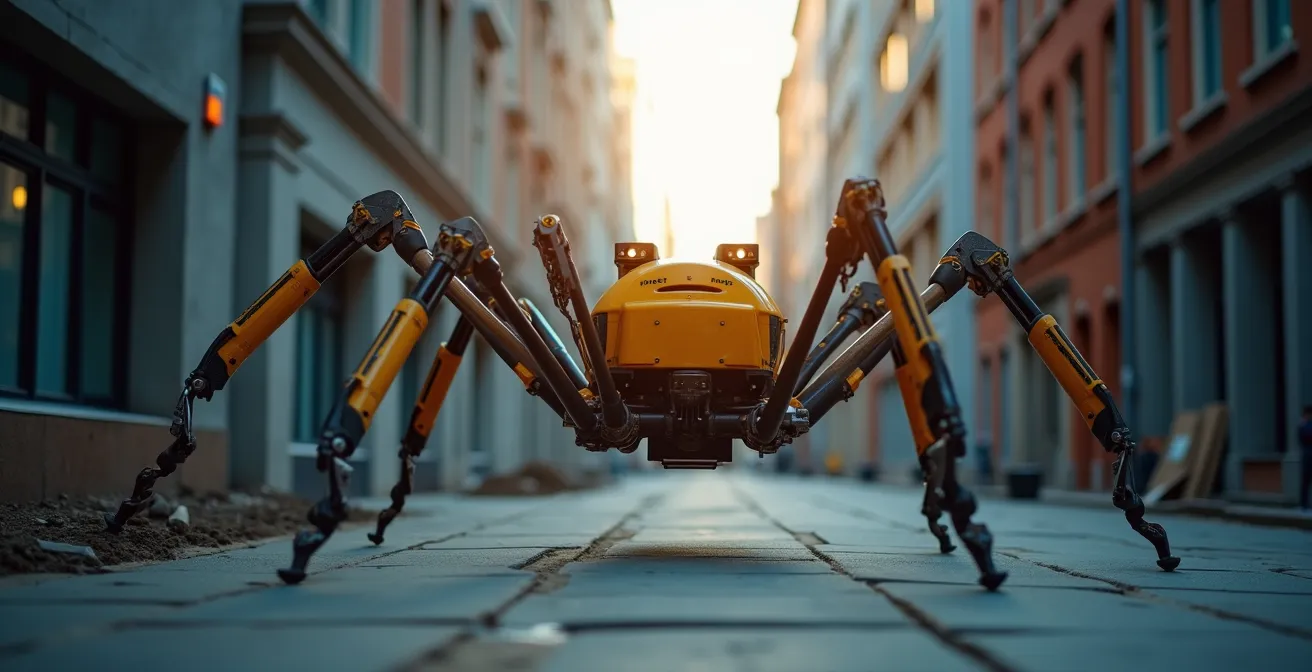 Mini grue araignée en manœuvre sur un chantier urbain étroit