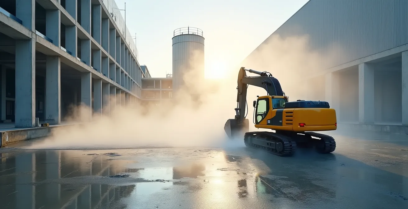 Vue d'ensemble d'un chantier d'hydrodémolition montrant l'absence de poussière et l'environnement de travail propre