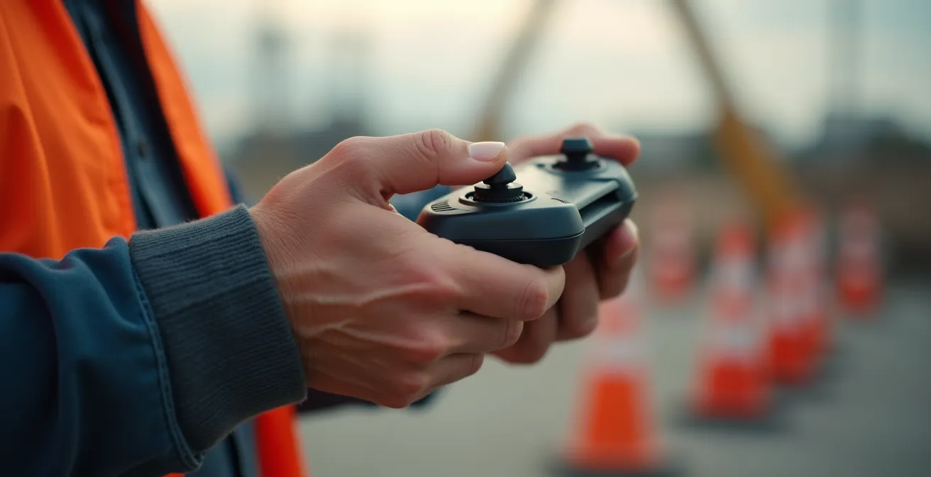 Chef d'équipe BTP utilisant une télécommande pour piloter une grue automatisée