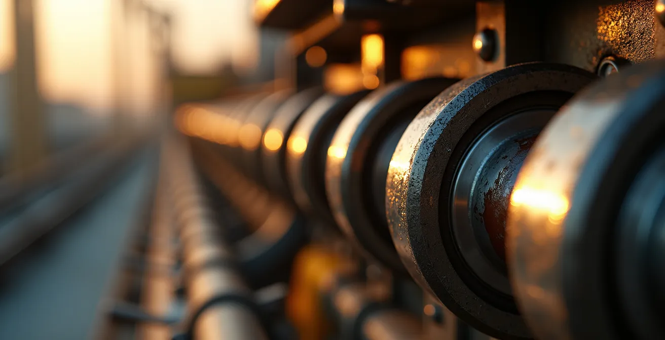 Détail macro du mécanisme hydraulique d'une grue automatique