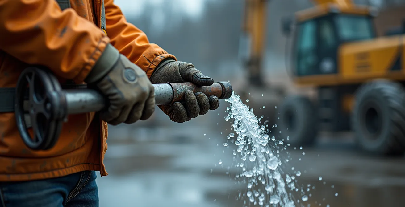 Opérateur expert manipulant une lance d'hydrodémolition avec précision près d'armatures exposées