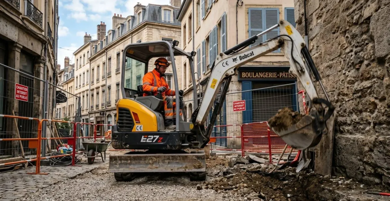 Minipelle de 3 tonnes en action sur un chantier urbain français avec opérateur qualifié, bâtiments anciens en arrière-plan