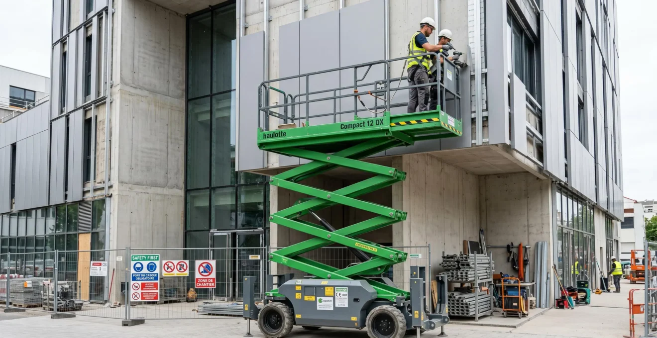 Nacelle ciseaux électrique déployée sur chantier de bâtiment avec technicien en harnais de sécurité travaillant en hauteur