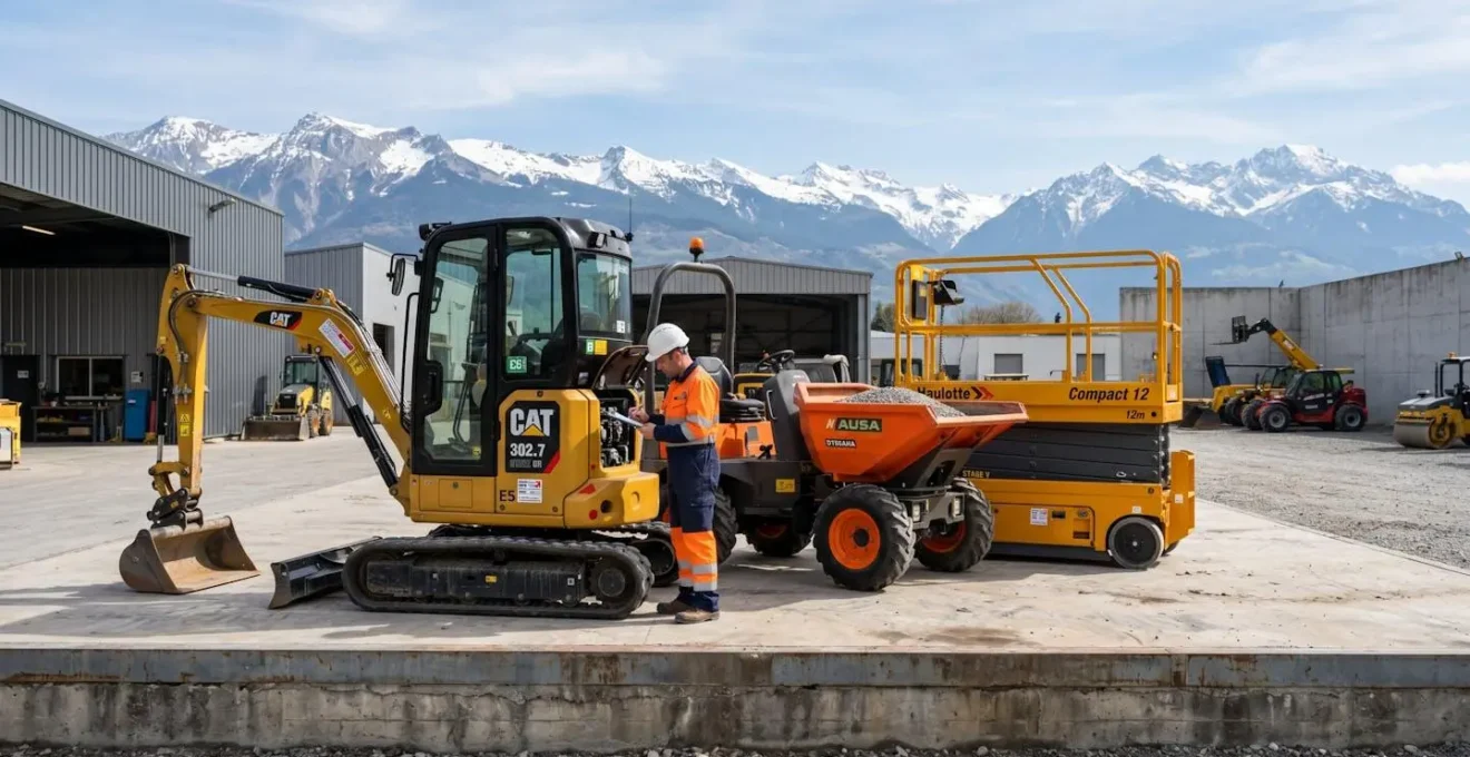 Parc de location de matériel BTP avec minipelle, dumper et nacelle alignés, technicien en sécurité effectuant un contrôle d'équipement