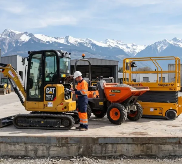 Parc de location de matériel BTP avec minipelle, dumper et nacelle alignés, technicien en sécurité effectuant un contrôle d'équipement