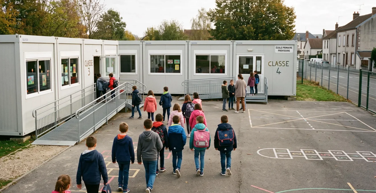 Bâtiments modulaires assemblés formant une école provisoire, enfants et enseignant dans la cour extérieure