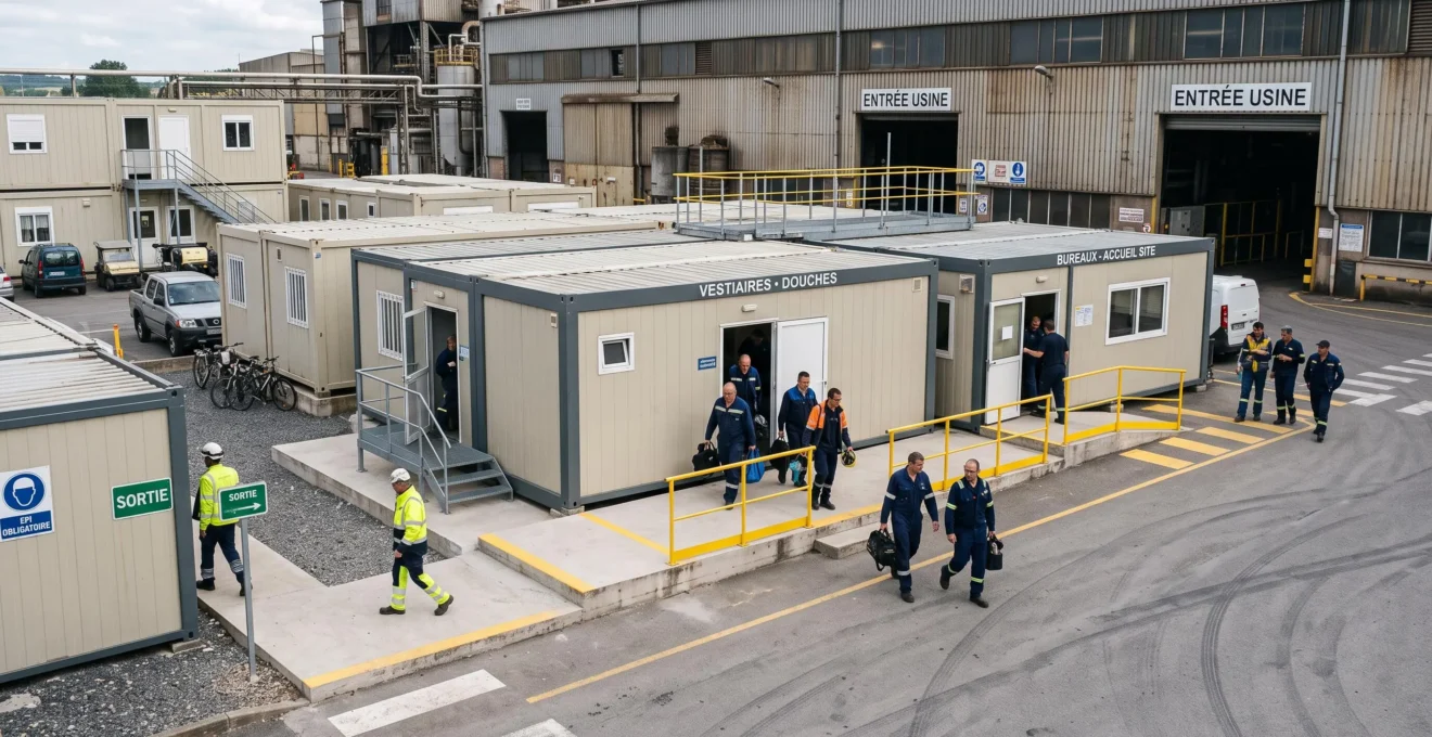 Bâtiments modulaires intégrés comme extension de vestiaires et bureaux sur un site industriel, employés en mouvement