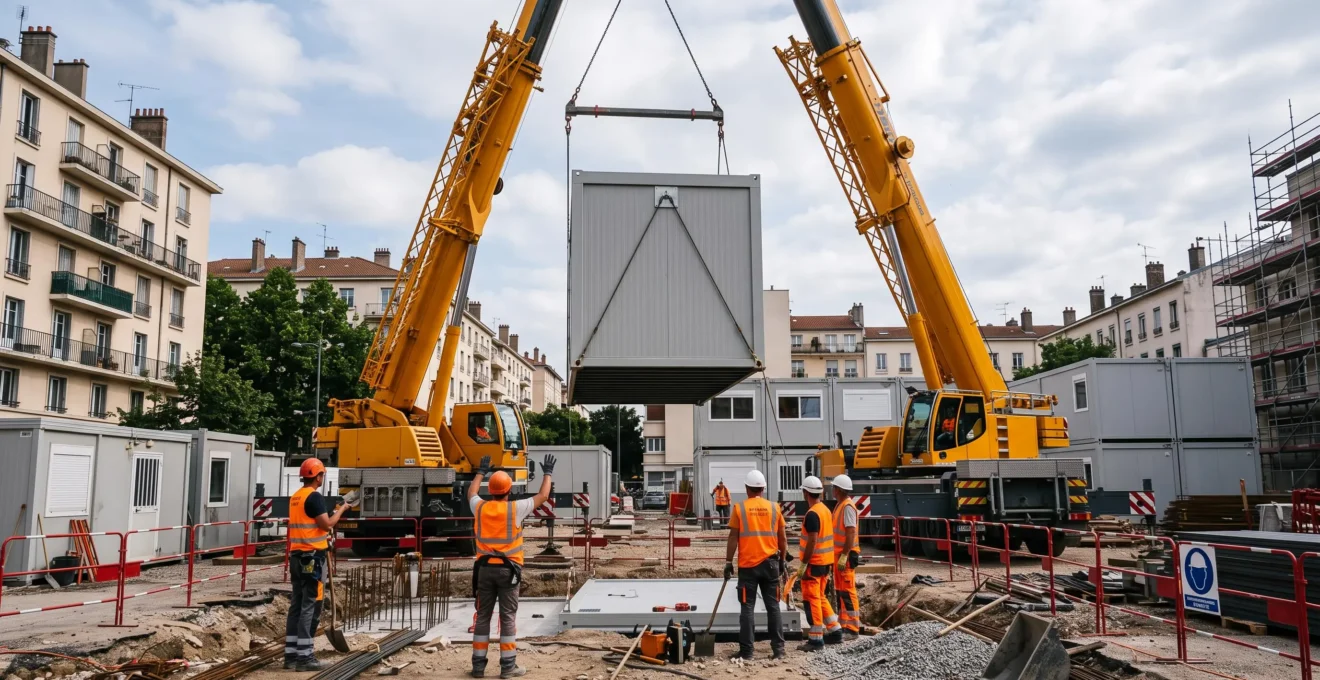 Installation d'un bâtiment modulaire par grue sur un chantier de construction, ouvriers supervisant l'opération