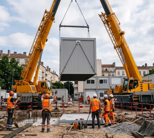 Installation d'un bâtiment modulaire par grue sur un chantier de construction, ouvriers supervisant l'opération