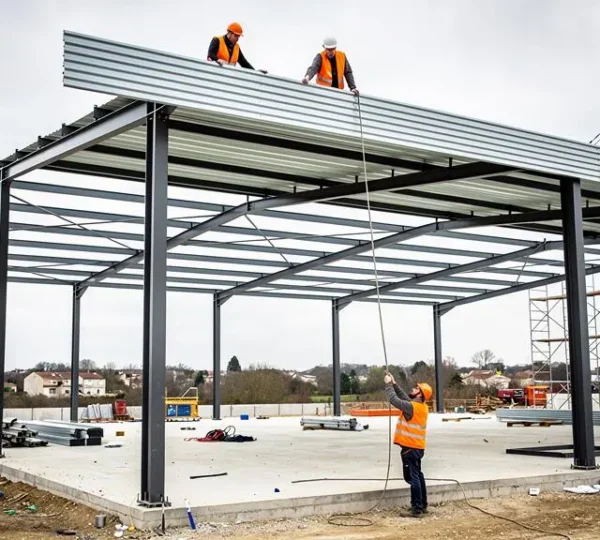 Deux serruriers métalliciens posent un panneau de couverture sur la charpente métallique d'un bâtiment en construction.