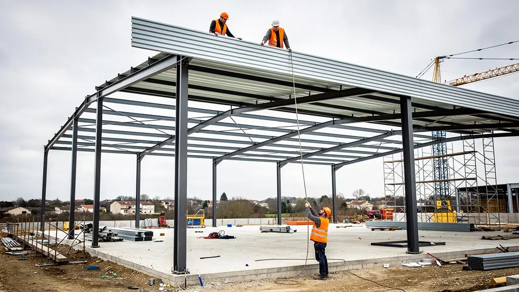 Deux serruriers métalliciens posent un panneau de couverture sur la charpente métallique d'un bâtiment en construction.