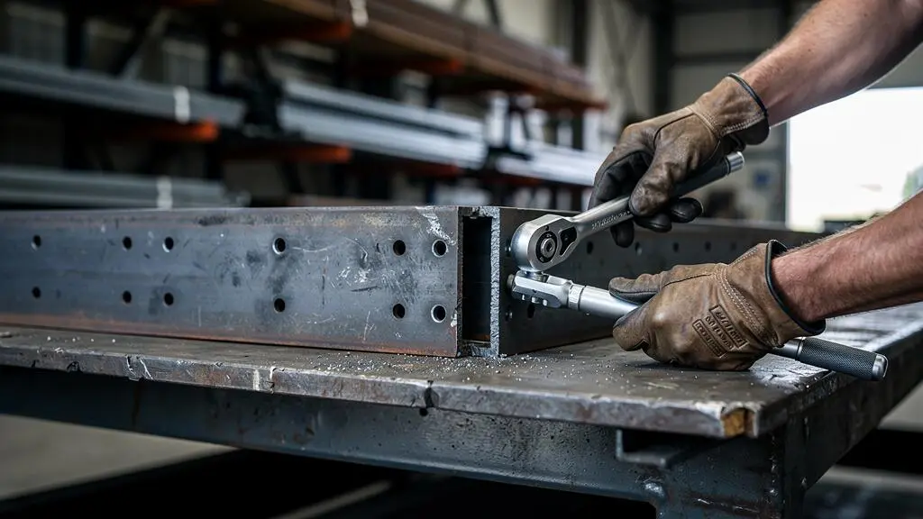 Un fabricant serrant un boulon sur un assemblage de poutres métalliques en atelier de fabrication.